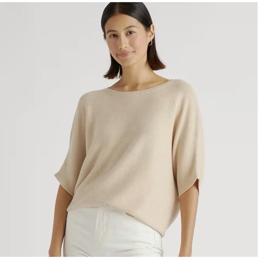 Quince Lightweight Cotton Cashmere Link-Stitch Dolman Sweater Oatmeal XL